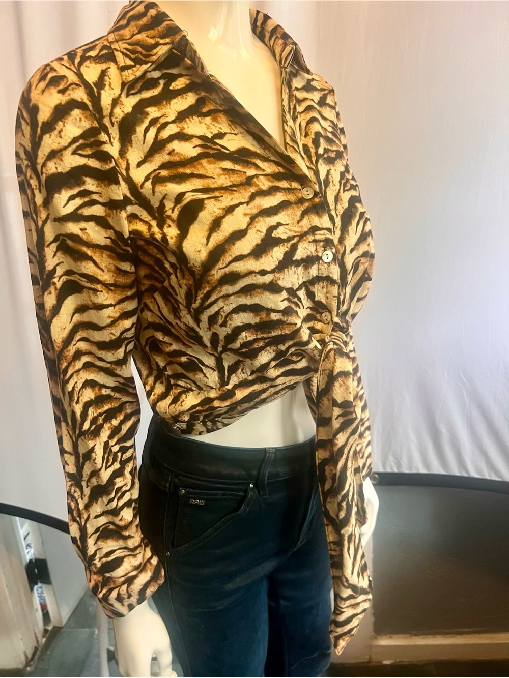 Christian Siriano New York Tiger Print Tie-Front Linen Blend Blouse S - Picture 2 of 6